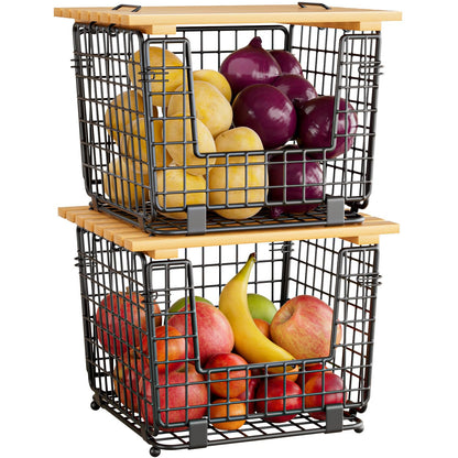 2 Pack Stackable Potato Onion Bins, Pantry Organizers and Storage | Wire Basket with Breathable Design for Garlic Fruits Vegetables Storage, Kitchen Counter Organizer
