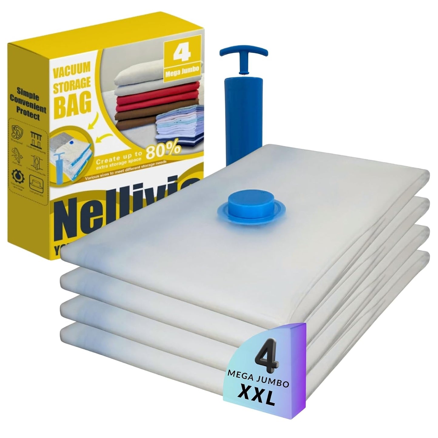 4 Mega Jumbo XXL Vacuum Storage Bags Set with Pump | Supersized Compression Space Saver, For Comforter, Duvet, Bedding, Blanket, Vacuum Seal for Clothing