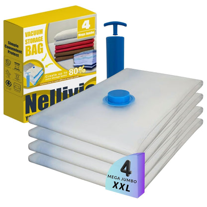 4 Mega Jumbo XXL Vacuum Storage Bags Set with Pump | Supersized Compression Space Saver, For Comforter, Duvet, Bedding, Blanket, Vacuum Seal for Clothing