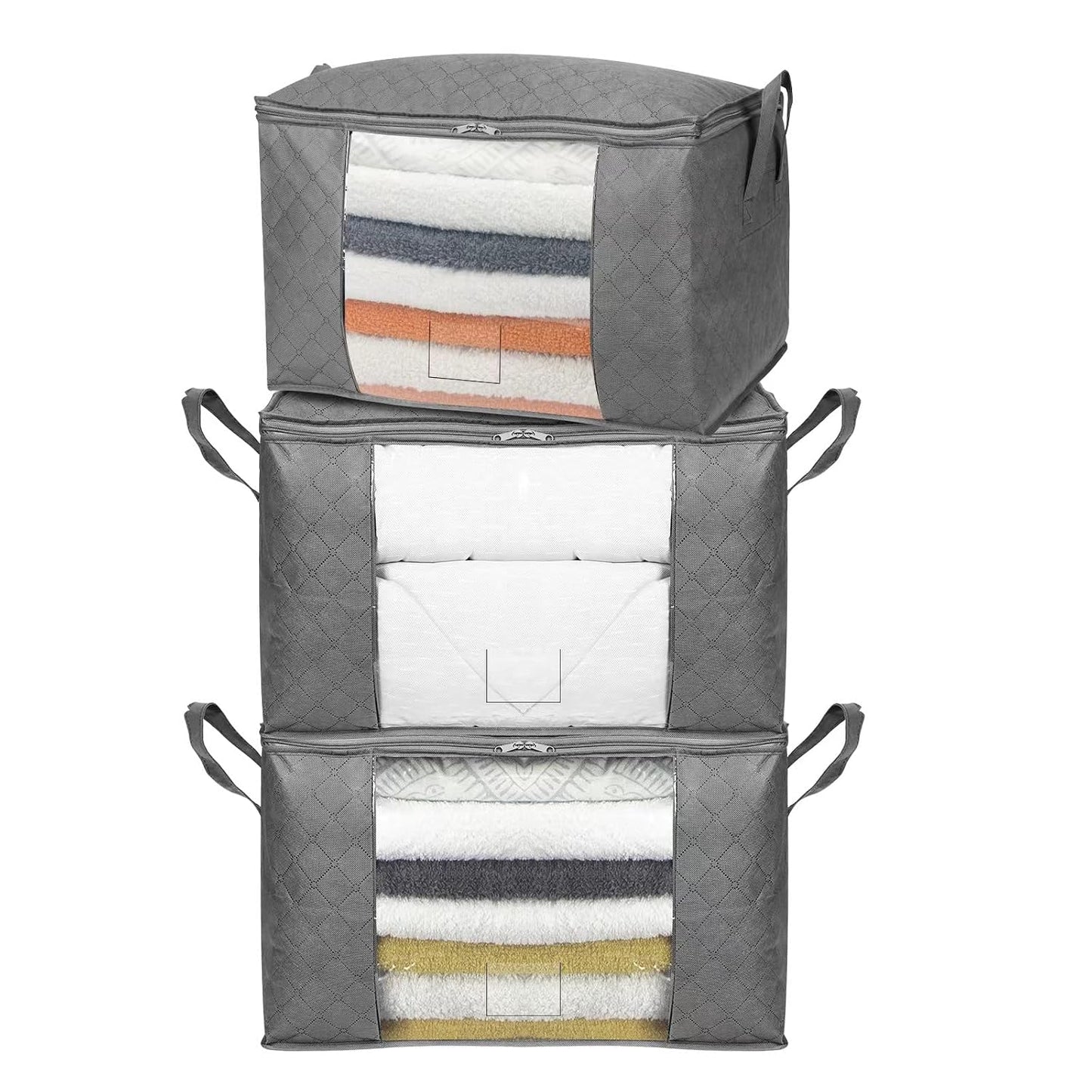 Amazon Basics Foldable Large Clothes Storage Bags with Clear Window & Carrying Handles, Closet Organizers, Zipper, 3-Pack, Gray