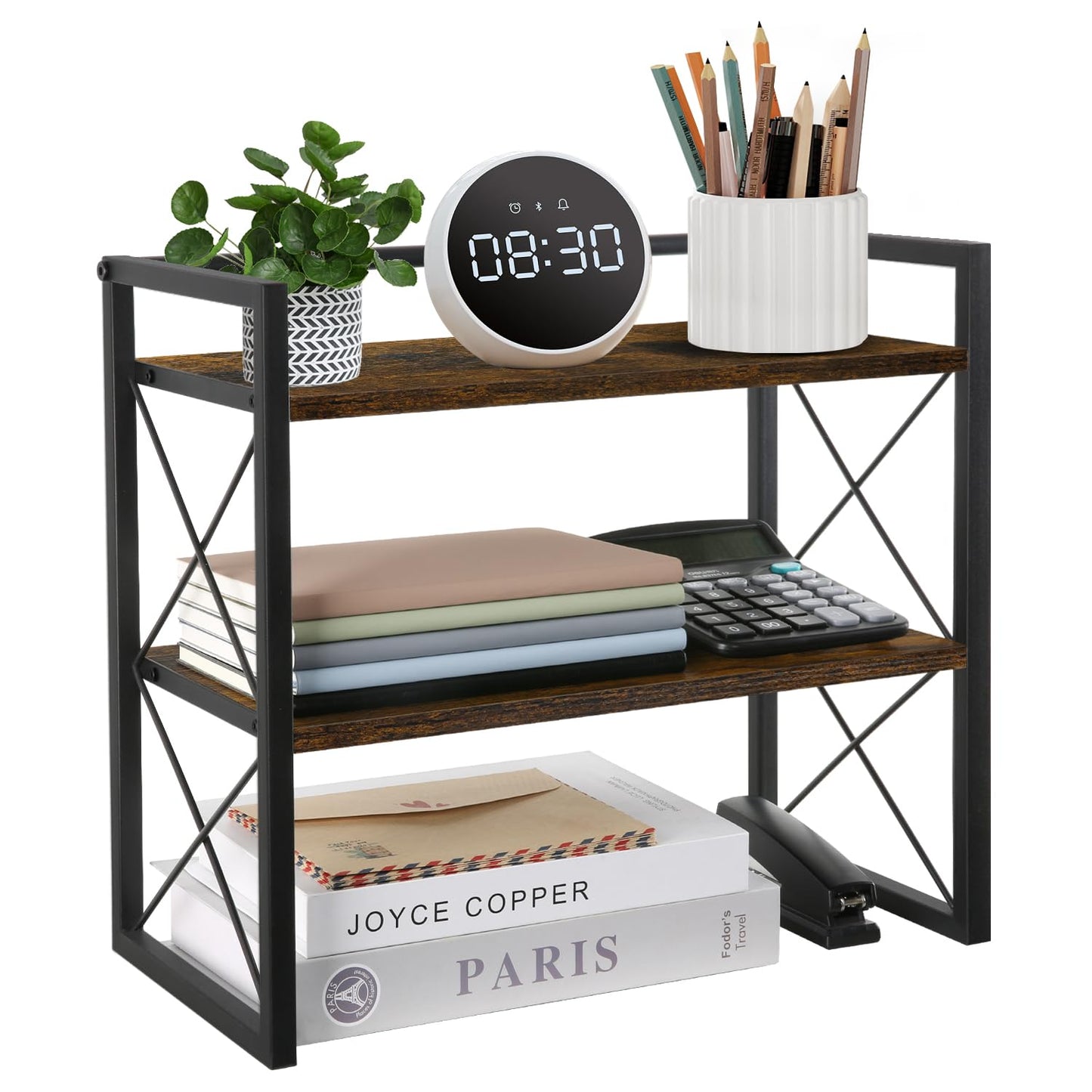 Desktop Shelf Organizer, 2 Tier Office Shelves, Wood Desk Organizer Storage Rack and Freestanding Display Shelf for Office, Dormitory, Home