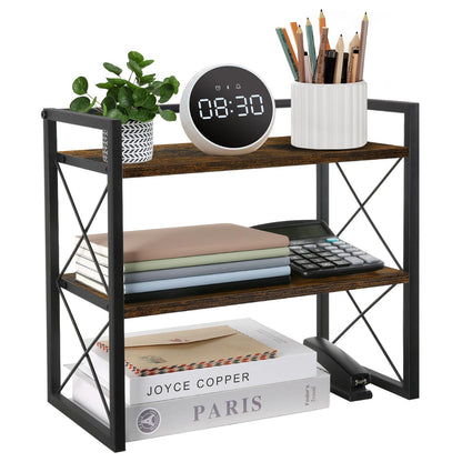Desktop Shelf Organizer, 2 Tier Office Shelves, Wood Desk Organizer Storage Rack and Freestanding Display Shelf for Office, Dormitory, Home