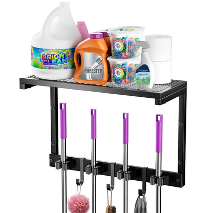 Heavy Duty Broom Holder Wall Mount, All-Metal Mop Rack with Storage Shelves | Space-Saving Cleaning Supply Organizer with Hooks Keeps Mops, Brooms and Tools Handy in Laundry Rooms, Garages and Kitchens