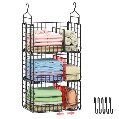 3-Tier Extra Large Closet Hanging Organizer with Dividers, Clothes Hanging Shelves with 2 Hanging Hooks & 5 S-Hooks, Wire Storage Baskets for Sweaters, Shoes, Handbags & Accessories