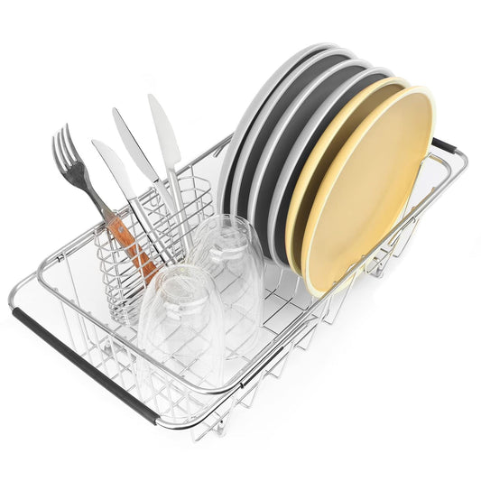 Sink Dish Drainer Rack, Expandable Stainless Steel Dish Drying Rack | 304 Stainless Steel Sink Rack with Utensil Holder, Adjustable 14.96"-20.59", Fits Inside Sink, Holds Up to 7 Upright Utensils