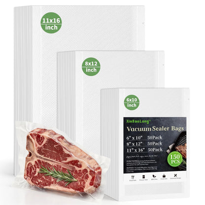 Vacuum Sealer Bags, 11"x16" Gallon, 8"x12" Quart, 6"x10" Pint, 150Pcs | Commercial Grade, BPA Free, Sous Vide Compatible, Puncture Prevention, Kitchen Essentials