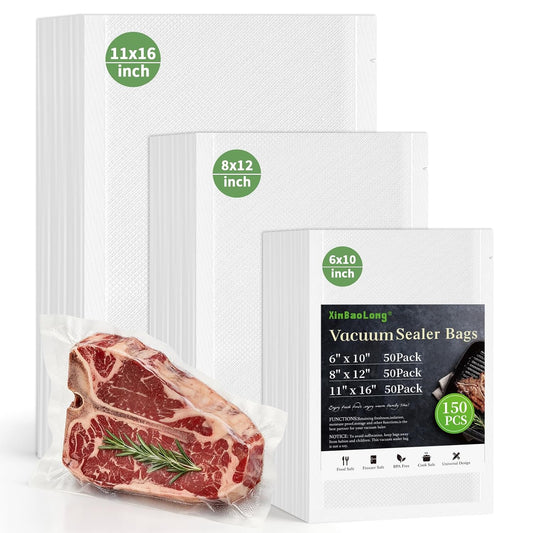 Vacuum Sealer Bags, 11"x16" Gallon, 8"x12" Quart, 6"x10" Pint, 150Pcs | Commercial Grade, BPA Free, Sous Vide Compatible, Puncture Prevention, Kitchen Essentials