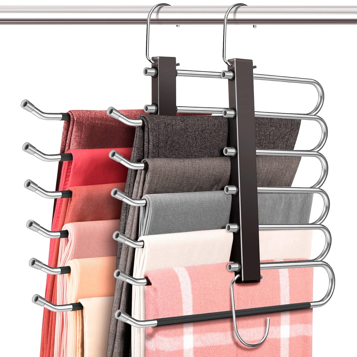 Space Saving 6 Tier Pant Hangers, Anti-Slip, Stainless Steel, 2 Pack, Black