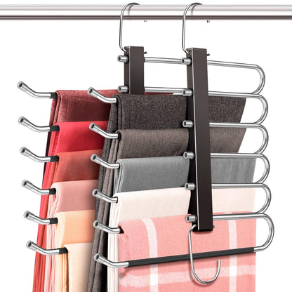 Space Saving 6 Tier Pant Hangers, Anti-Slip, Stainless Steel, 2 Pack, Black