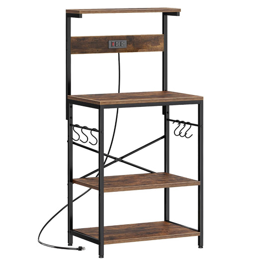 Kitchen Bakers Rack with Power Outlet, Coffee Bar... (Rustic Brown | Alloy Steel)