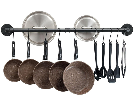OROPY 38'' Pot Rack Wall Mounted, Iron Pipe Hanging Pot Rack, 14 S Hooks | Industrial Utensils Kitchen Hanging Rail, Pot and Pan Organizer, Pot Lid Organizer, Black