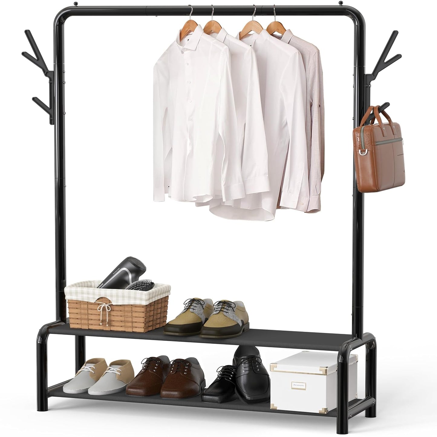 Simple Houseware 52" W Freestanding Closet Garment Rack with Shelves, Black | With 600D Fabric Shelves, Hanger Stoppers, and Hooks for Coat & Hat