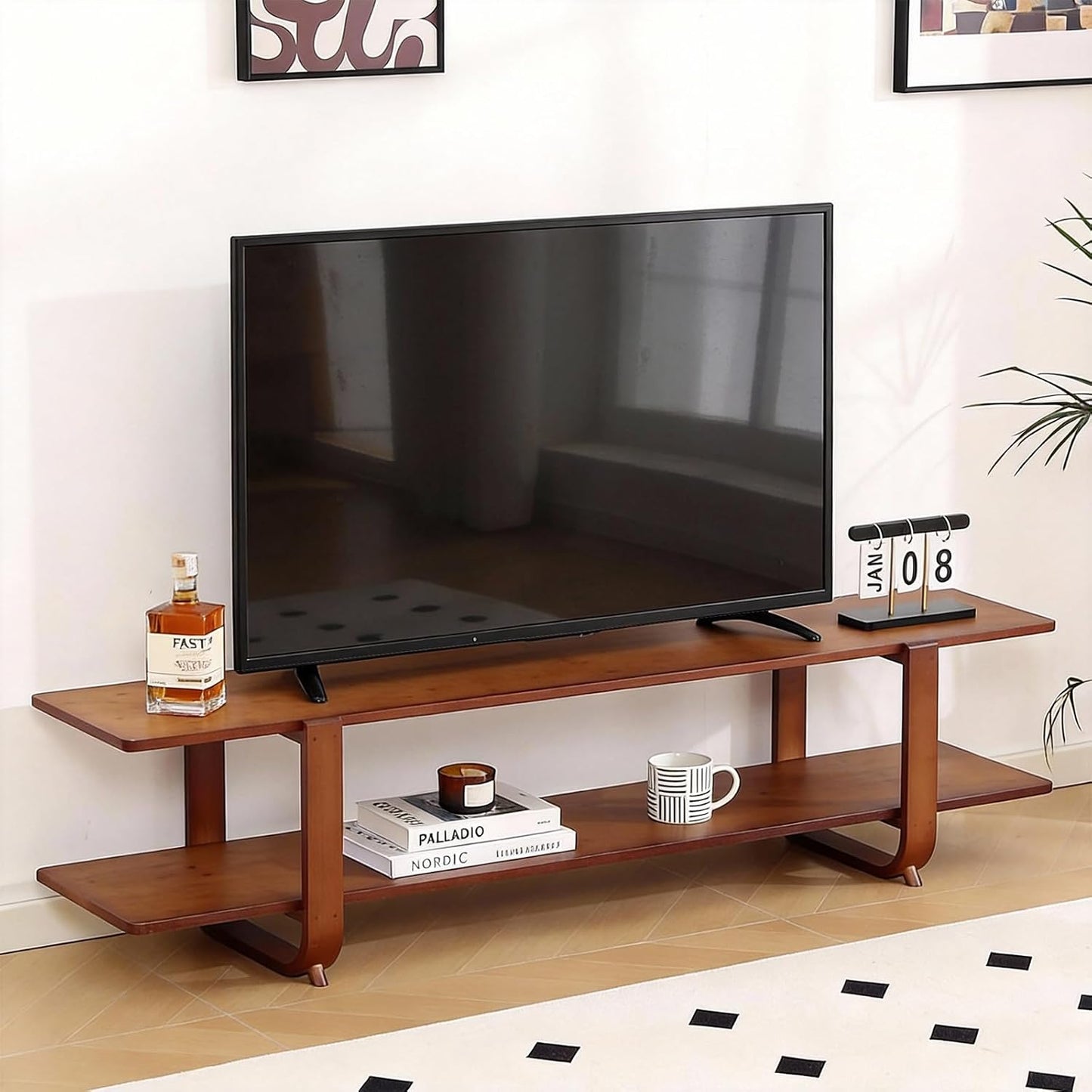 Walnut TV Stand for 65-Inch TVs, 2 Open Shelves, Modern Media Console | Bamboo Construction, Mid Century Style, Open Storage for Electronics and Decor in Living Rooms and Bedrooms