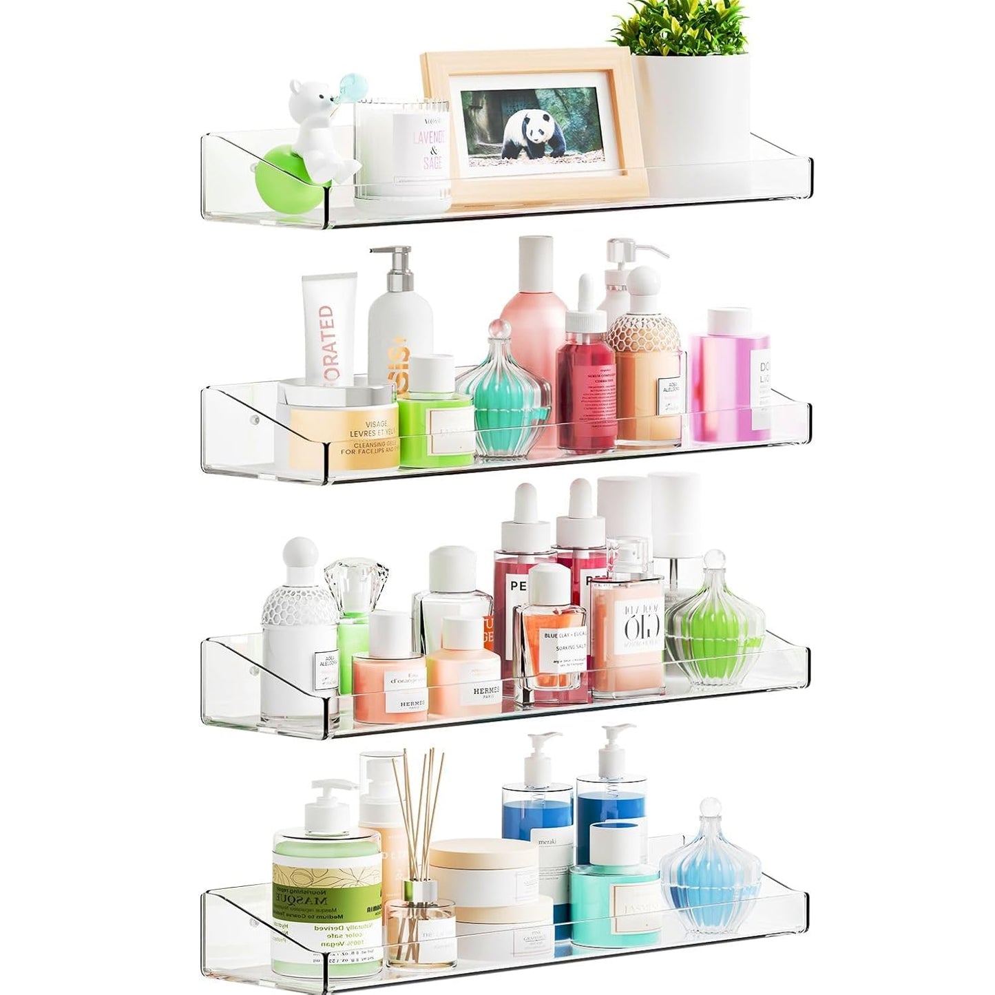 4 Pack Adhesive Clear Bathroom Shower Shelves,No Drill Acrylic Shower Wall Caddy,Bathroom Shelf,Floating Shelves for Inside Shower Wall Organizer and Storage for Makeup,Perfume,Shampoo Holder