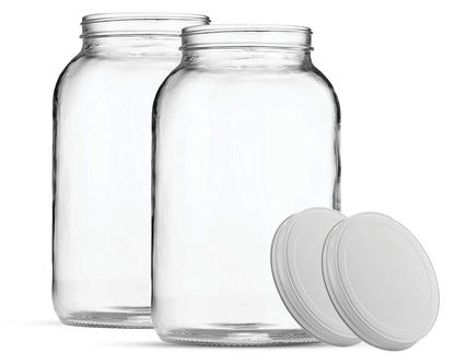 2-Pack 1 Gallon Glass Jar with Lid | Wide Mouth Set with White Metal Caps