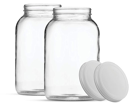2-Pack 1 Gallon Glass Jar with Lid | Wide Mouth Set with White Metal Caps