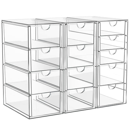 Acrylic 13-Drawer Storage & Makeup Organizer for Desk, Bath | Smooth-glide drawers, clear acrylic, stackable, dustproof, wipe-clean, for eyeliners, lip liners, markers, push pins,pen