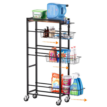 4 Tier Slim Rolling Storage Cart with Pull-Out Baskets, Narrow Sliding Storage Slim Laundry Rolling Cart Between Washer and Dryer