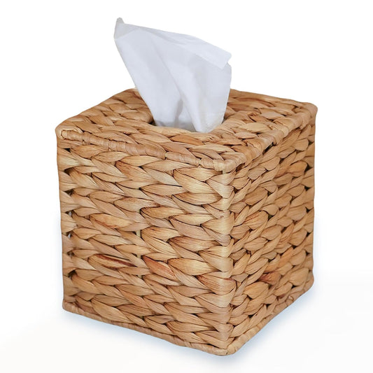 Water Hyacinth Handwoven Tissue Box Cover, Natural Handmade Wicker Napkin Box Holder, Handcrafted Square Facial Tissue, Rustic Decorative on Table and Bathroom, Office, Boho Decorative