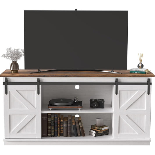 JUMMICO TV Stand for 65 Inch TV, Sliding Barn Doors, Bright White | Farmhouse Entertainment Center, Storage Cabinets, Adjustable Shelves, Media Console for Living Room, Bedroom