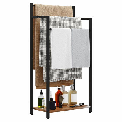 16.9" W Freestanding Towel Rack with Rustic Brown Wood Shelf | 3 Tier Blanket Ladder Stand for Bathroom Living Room, Metal Frame,31.5"H x 16.9"W x7.9"D