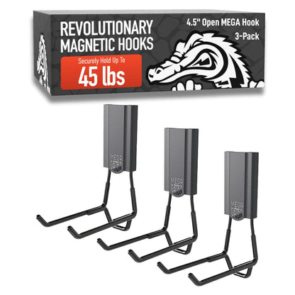 GATOR MAGNETICS MEGA 4.5 in Open Hooks, 45 lb Magnetic Hooks – 3 Pack | Patented Easy-Release, Non-Slip Grip. Works on steel cabinets, doors, garage, toolboxes, pole barns, utility vans & more.