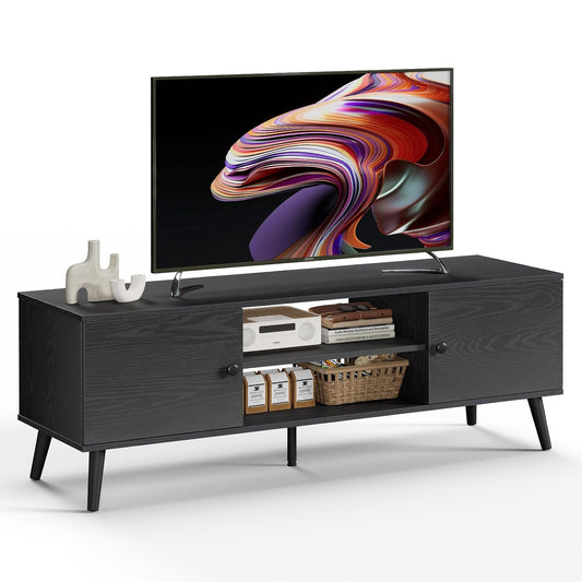 TV Stand for 55 60 inch TV, Modern Mid Century Ent... (Black | Wood)