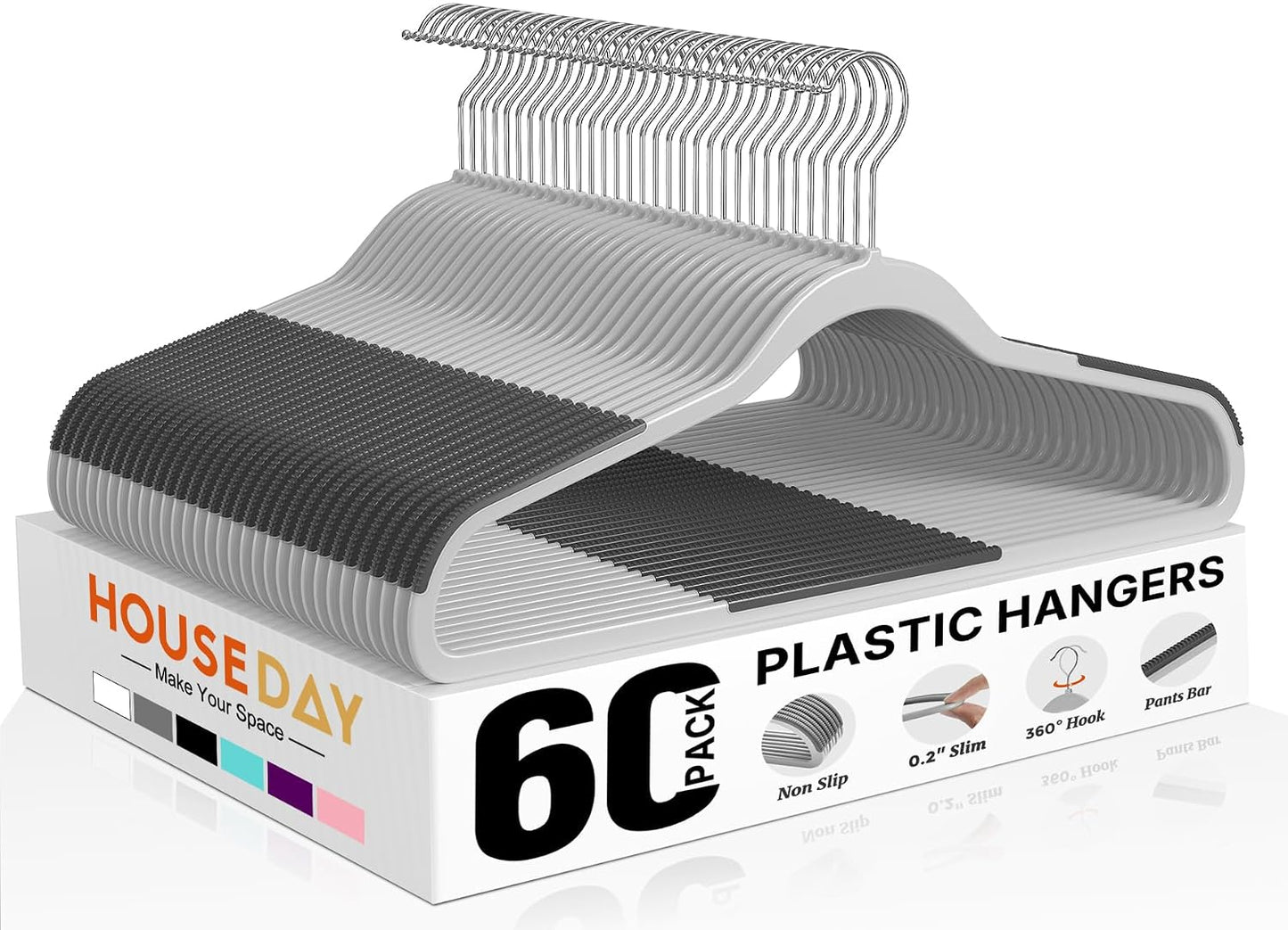 HOUSE DAY Non Slip Plastic Clothes Hangers 60 Pack with Rubber Pads, Grey | Space-Saving 0.2-Inch Slim Design; Heavy-Duty and 360° Swivel Hooks Keep Shirts, Coats, Suit, Blouse and Pants Organized