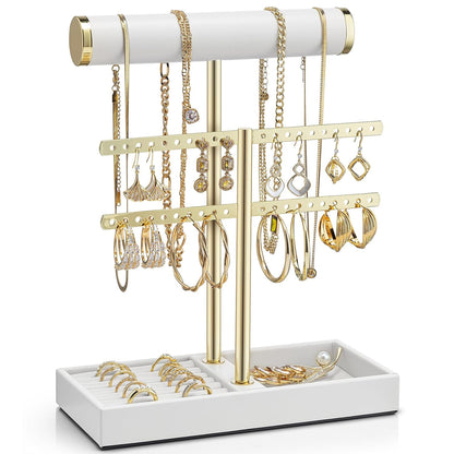 VLANDO 2 Tier Necklace Holder Organizer with Tray, Leather Bracelet Holder Display for Women, Gold Jewelry Holder Stand for Bracelet, Necklace, Earrings, Rings - White