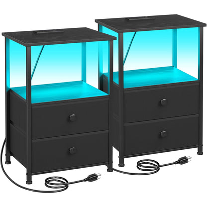 Nightstands Set of 2, LED Night Stand with Charging Station | Bedside Table with Type-C Outlets & 2 Fabric Drawers, End Tables with Storage Shelf for Bedroom, Small Spaces, Black