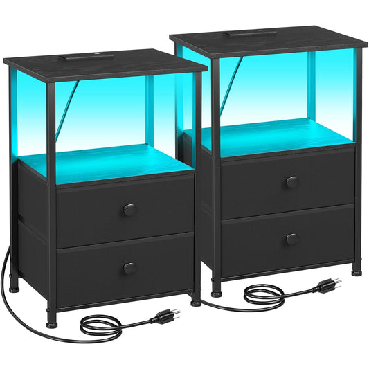Nightstands Set of 2, LED Night Stand with Charging Station | Bedside Table with Type-C Outlets & 2 Fabric Drawers, End Tables with Storage Shelf for Bedroom, Small Spaces, Black