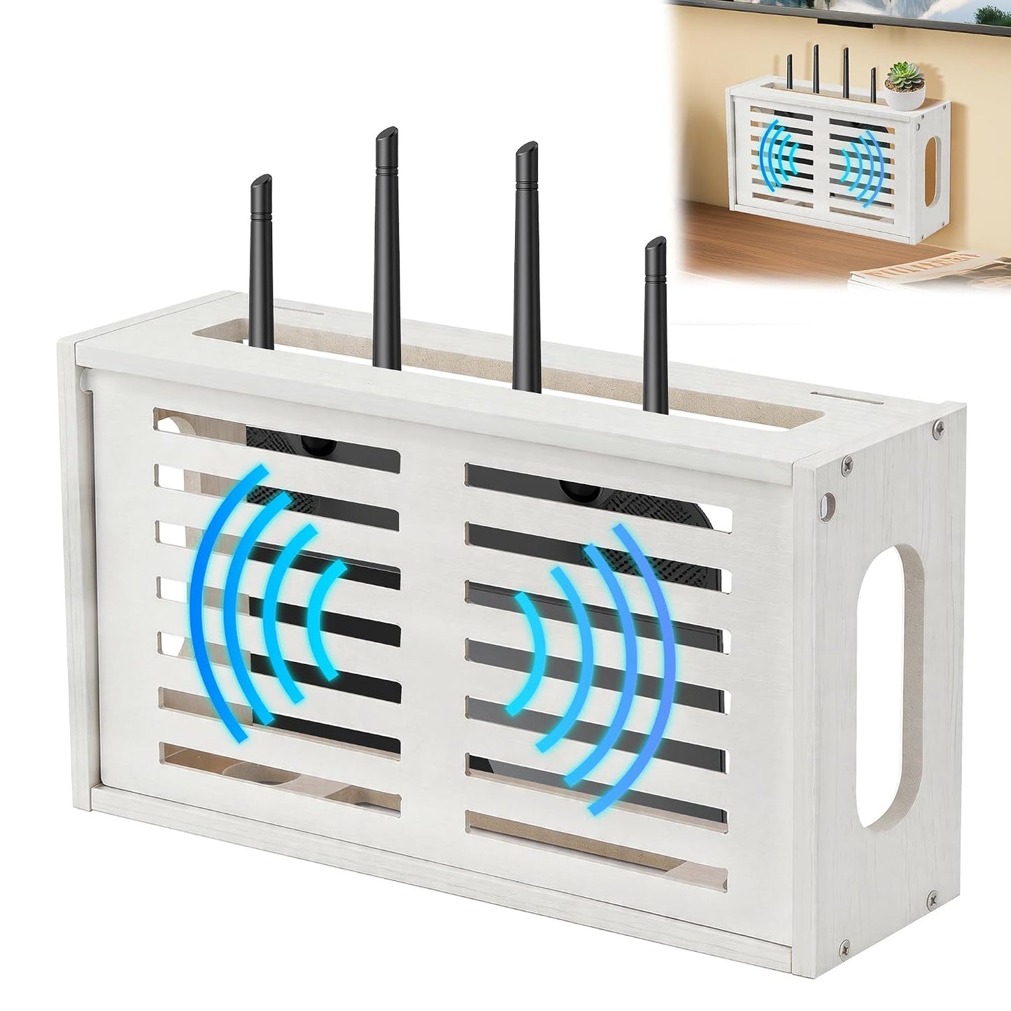 Router Shelf Wall Mount, WiFi Router Box Hider & Modem Storage Box with Cable Holes | Cable Management Organizer for Router, Modem, Power Strip | White, 13.9"x4.33"x7.68"