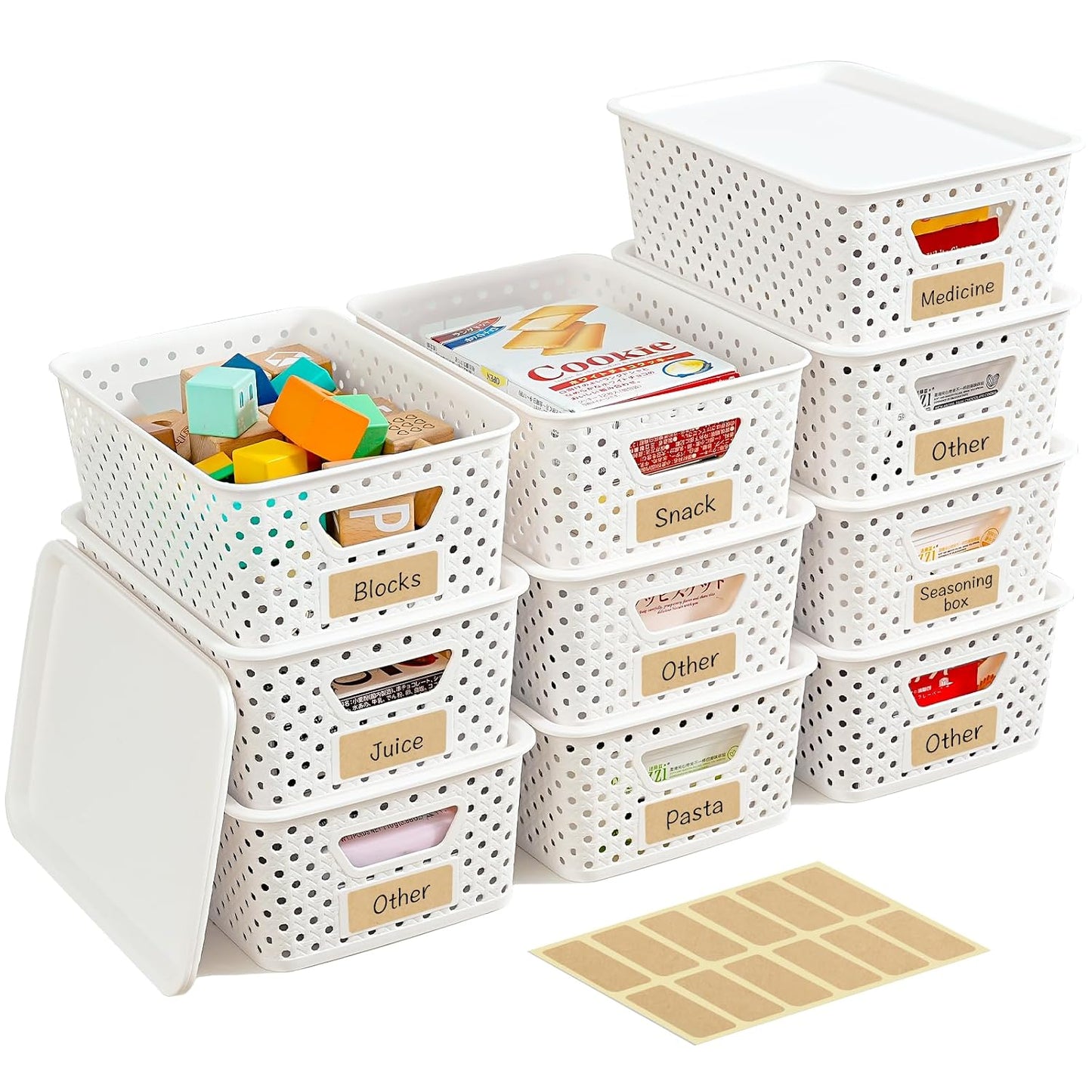 10 Pack Small Plastic Storage Bins with Lids, Stackable Plastic Storage Baskets for Organizing with Handles, Organizer Bins with Labels for Room, Craft, Containers for Pantry Organizers and Storage
