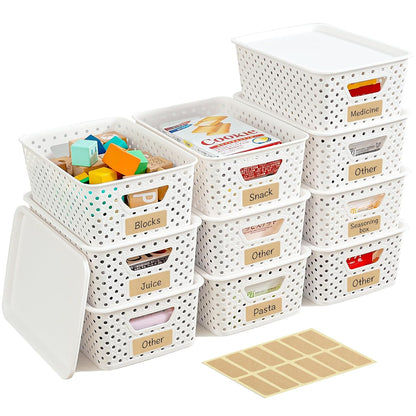 10 Pack Small Plastic Storage Bins with Lids, Stackable Plastic Storage Baskets for Organizing with Handles, Organizer Bins with Labels for Room, Craft, Containers for Pantry Organizers and Storage