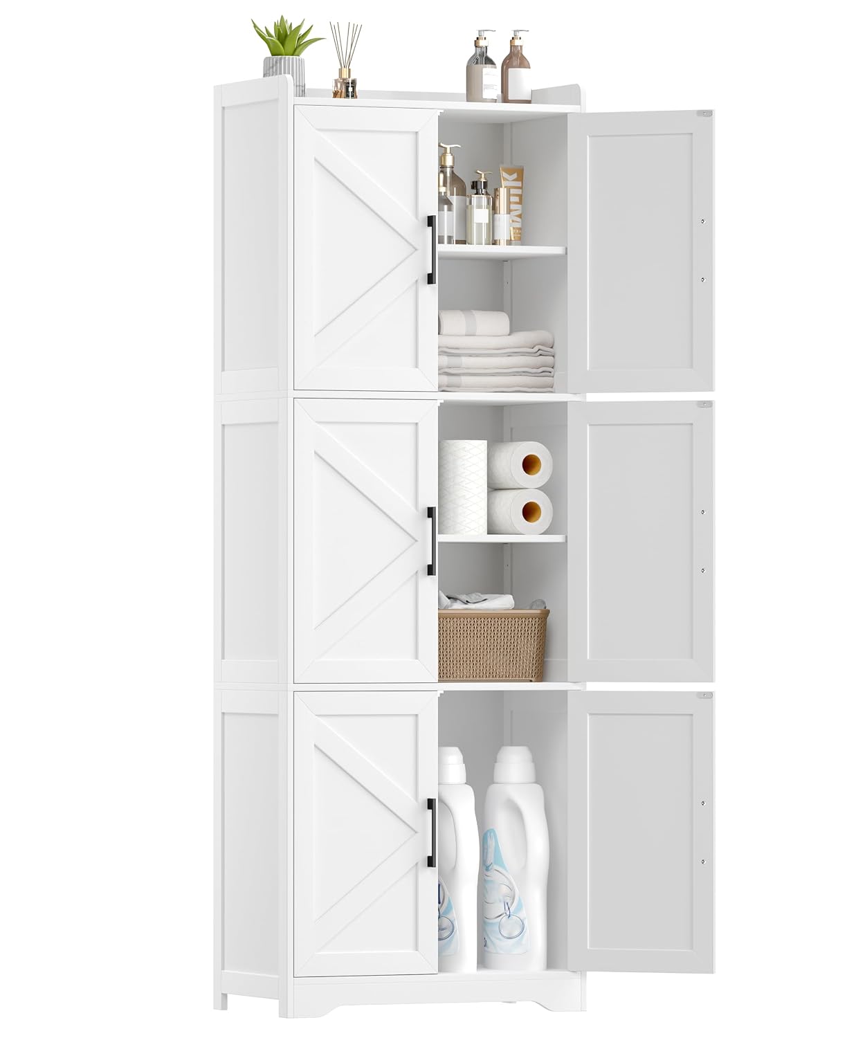 Tall Bathroom Floor Cabinet with 6 Barn Door 60.2''H Pantry White | 11.6''D x 22.6''W Linen Storage Cabinet with Adjustable Shelves, for Kitchen, Living Room, Entryway