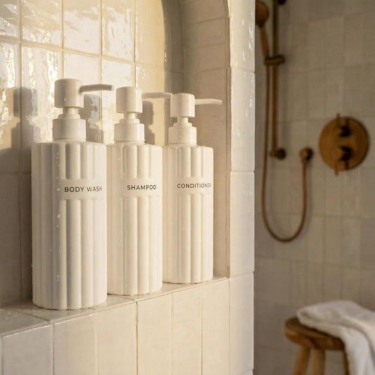 Stylish Shampoo & Conditioner Dispenser Set of 3 -... (3 Count | Beige | Plastic)