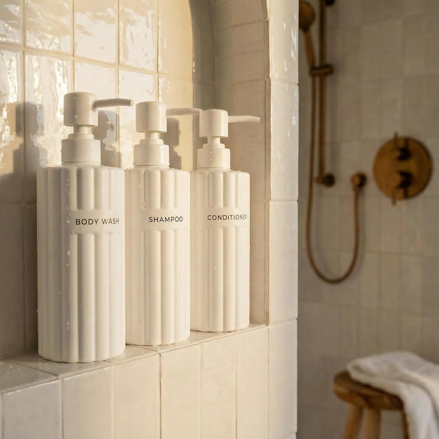 Stylish Shampoo & Conditioner Dispenser Set of 3 - Fluted 19oz Bottles | Modern Shower Soap Bottles - Easy to Refill Body Wash Dispensers for an Instant Bathroom Decor Upgrade