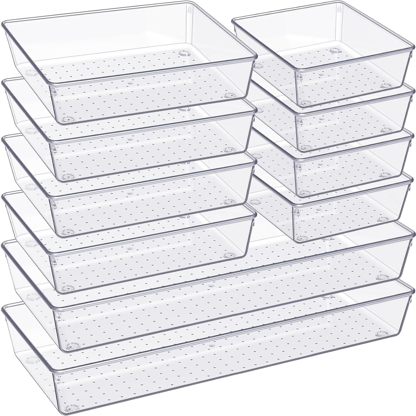 Drawer Organizer, 10 Pack Large Clear Plastic Set, 3 Size Versatile Bathroom and Vanity Organizer Trays, Storage Bins for Makeup, Bedroom, Kitchen Utensils