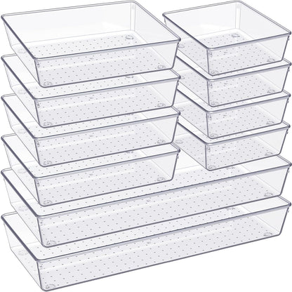 Drawer Organizer, 10 Pack Large Clear Plastic Set, 3 Size Versatile Bathroom and Vanity Organizer Trays, Storage Bins for Makeup, Bedroom, Kitchen Utensils