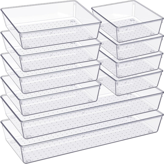 Drawer Organizer, 10 Pack Large Clear Plastic Set, 3 Size Versatile Bathroom and Vanity Organizer Trays, Storage Bins for Makeup, Bedroom, Kitchen Utensils