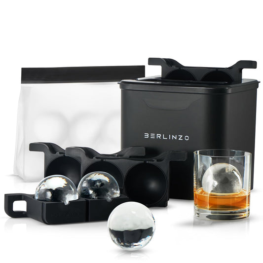 Berlinzo Ice Ball Maker Mold - 4 Clear 2.4in Whiskey Spheres, Non-Electric