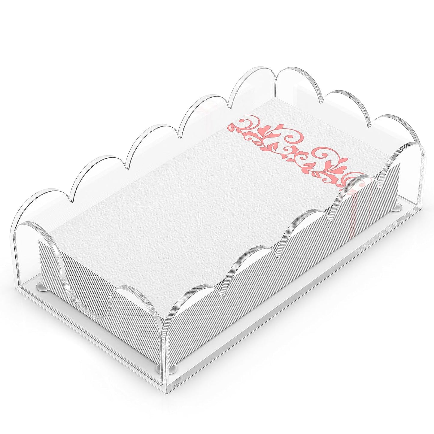 LUGUNU Clear Acrylic Napkin Holder – Scalloped Tray for Bathroom, Kitchen, Dining Room – Stylish Guest Hand Towel & Disposable Paper Holder for Weddings, Hotels, and Home Decor (9x5.1x2.4 inch)
