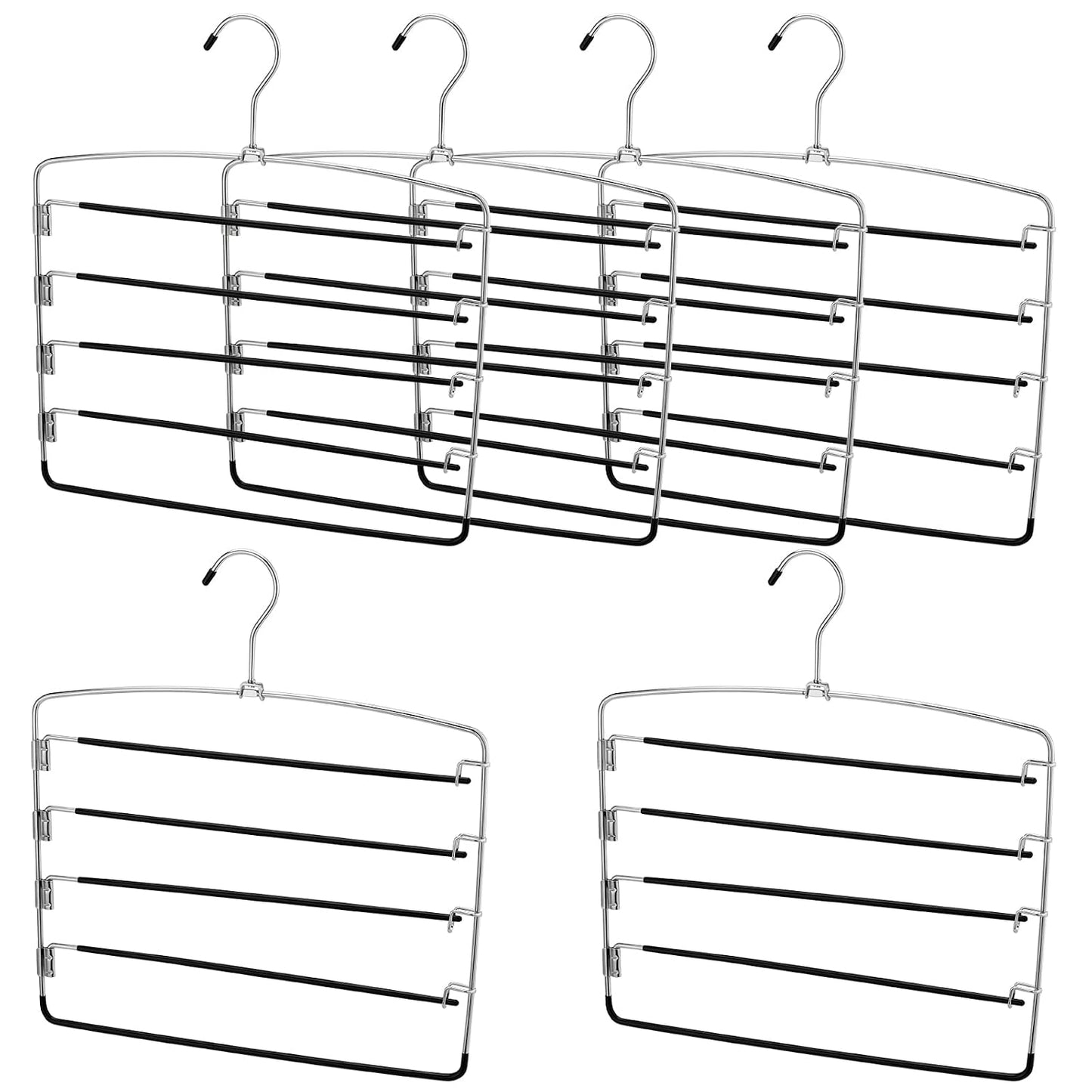 JAPCHET 6 Pack Non Slip Space Saving Pants Hangers - 5 Layers Stainless Steel Swing Arm Clothing Hangers Closet Organizer for Scarfs, Trousers, Ties, Black
