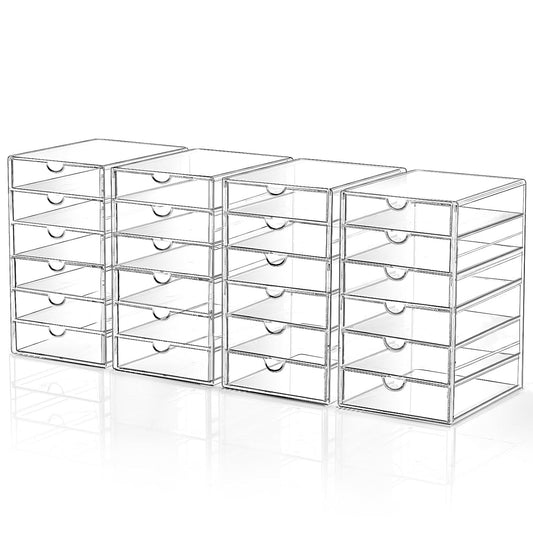 DOMNIU Acrylic Makeup Drawer Storage Organizer with 24 Drawers, 4 Set | Office Desk Organization and Storage, Dustproof Drawer Organizer for Makeup, Countertop, Jewelry, Desktop, Bathroom, Bedroom