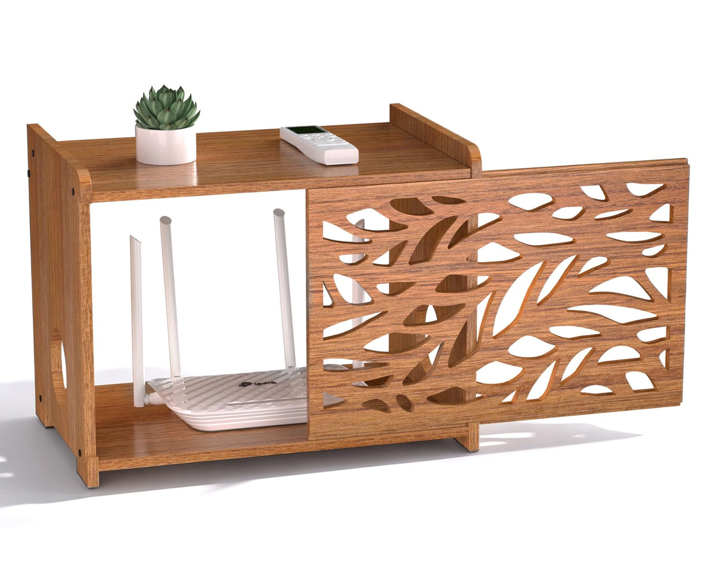 Router Box Hider & Projector Shelf -Decorative WiFi Router Storage Cabinet | Ventilation Cable Management Box Modem & Power Strip Hider Rack Leaf Pattern Cutout, Fits Routers Up to 9.84" Tall (Brown)