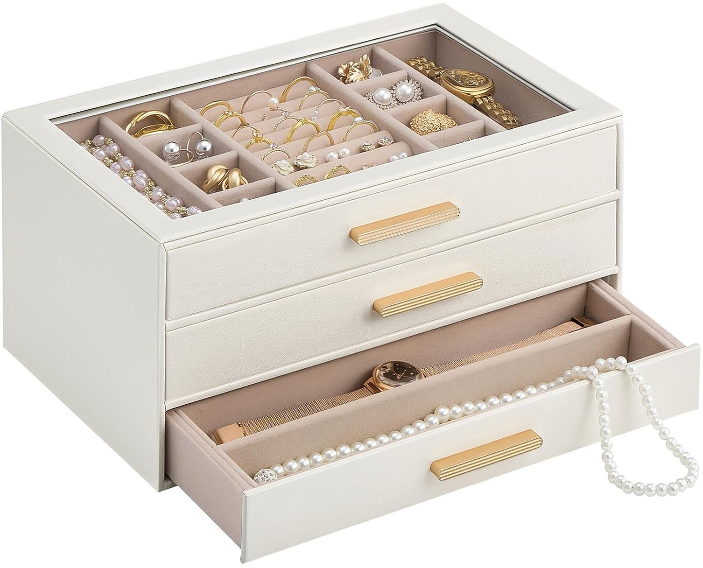 Lolalet Jewelry Box Organizer, 3-Layer Jewelry Storage Case -Beige | Jewellery Organizers and Storage with Glass Window, Ring Earring Bracelet Necklace Holder, Birthday Gifts for Women Girls Mom