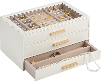 Lolalet Jewelry Box Organizer, 3-Layer Jewelry Storage Case -Beige | Jewellery Organizers and Storage with Glass Window, Ring Earring Bracelet Necklace Holder, Birthday Gifts for Women Girls Mom