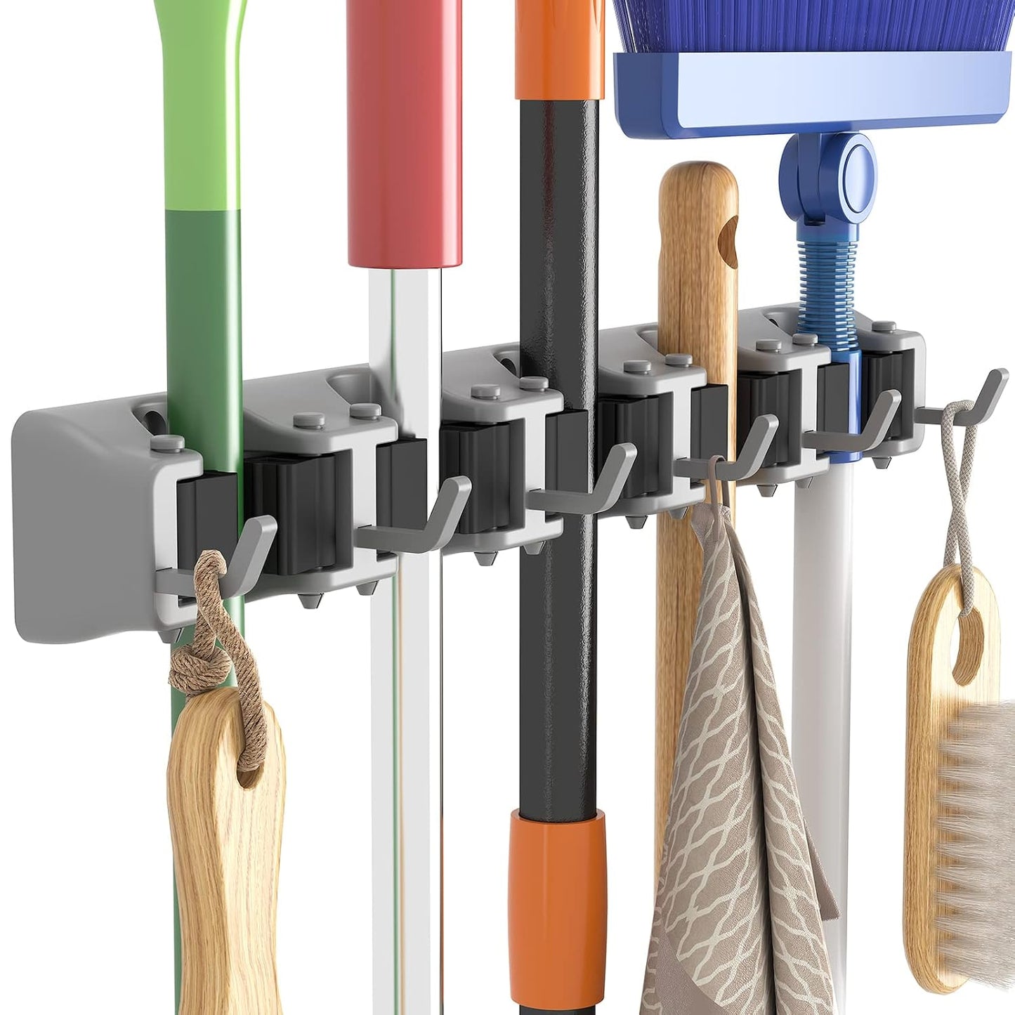 Lifewit Mop and Broom Holder Organzier Wall Hanging Mount, Gray, 1 Pack | Anti-Slip Broom Storage for Cleaning Organizer, Easy Install Tool Hanging Rack with 5 slots & 6 hooks for Kitchen, Garage