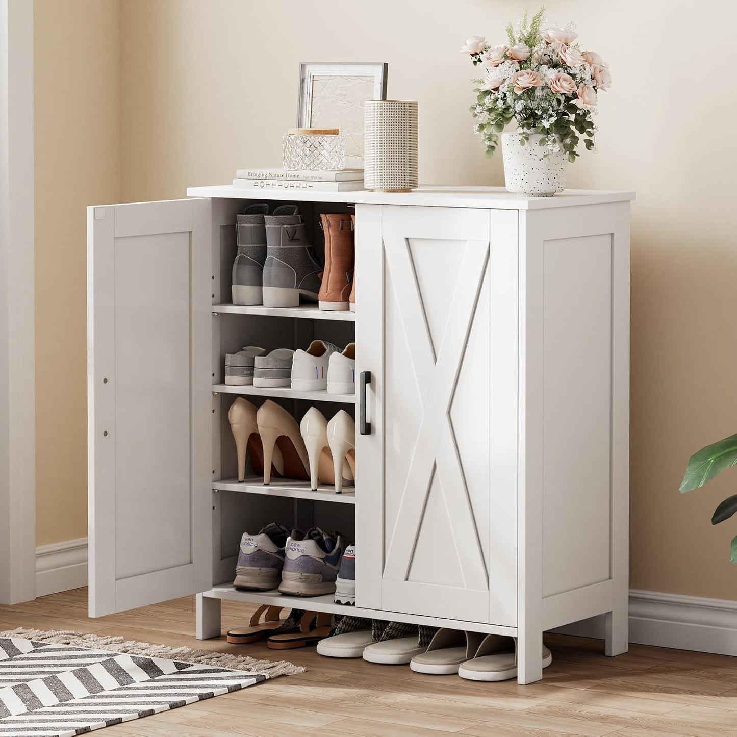 Farmhouse Shoe Cabinet with 2 Barn Doors & Wood Legs | Tall 4-Tier Shoe Storage Cabinet, 3 Adjustable Shelves, Shoe Rack Organizer, for Entryway, Hallway, Closet, White
