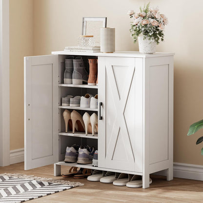 Farmhouse Shoe Cabinet with 2 Barn Doors & Wood Legs | Tall 4-Tier Shoe Storage Cabinet, 3 Adjustable Shelves, Shoe Rack Organizer, for Entryway, Hallway, Closet, White